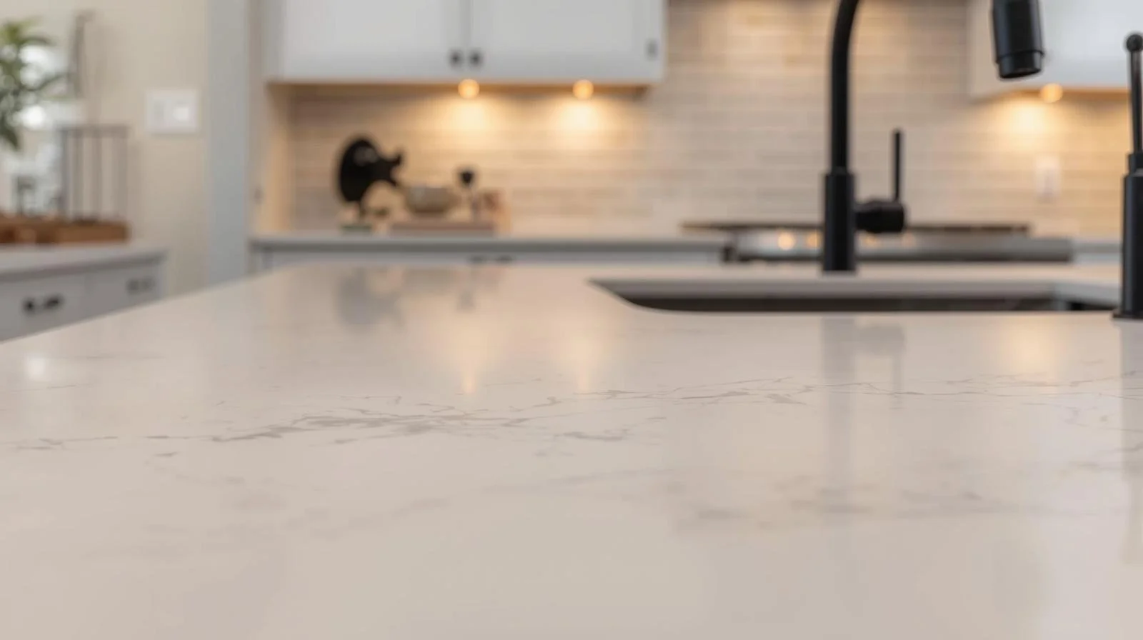 Close-up of white quartz countertop with soft veining and matte black faucet.