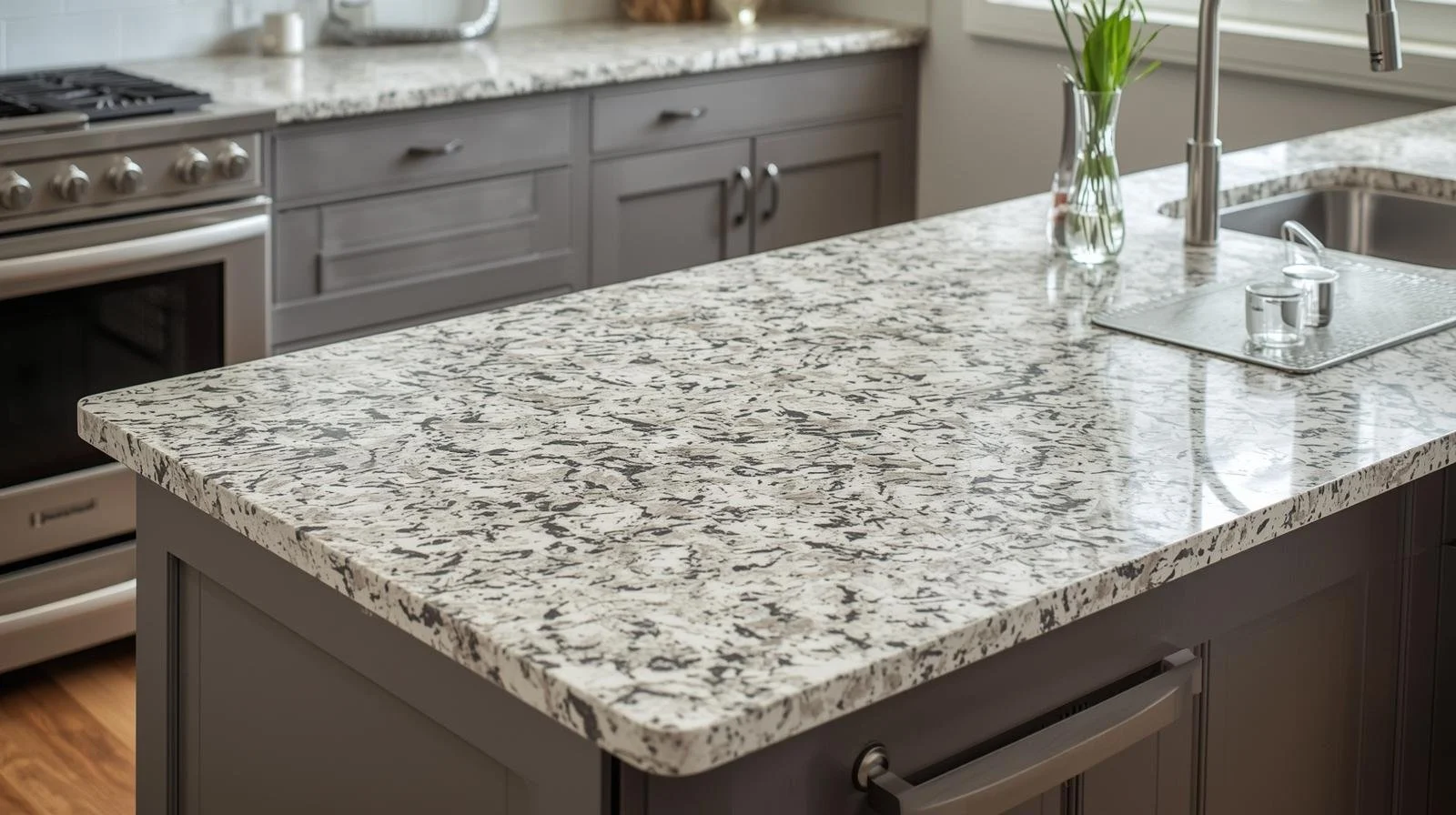 Granite kitchen countertop with natural speckled stone pattern.