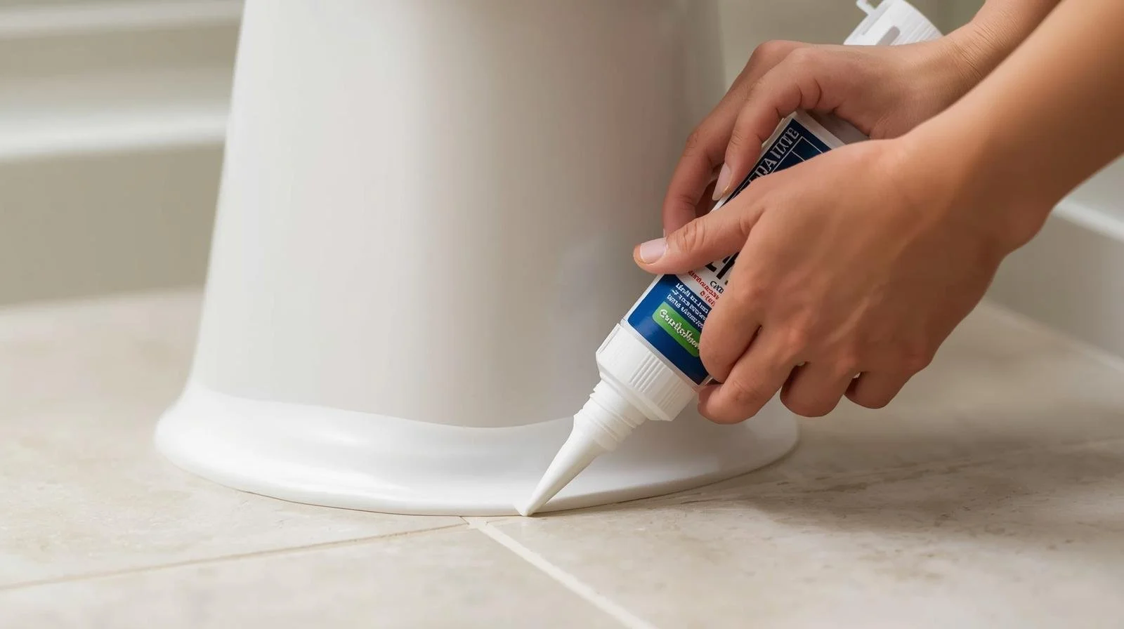 “Applying white sealant along floor edge in modern bathroom for a budget-friendly DIY makeover.”