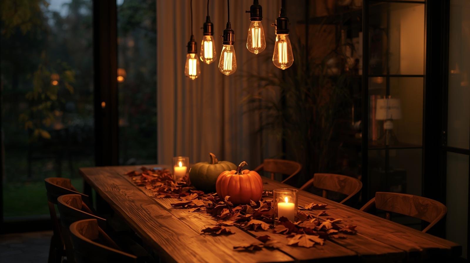 “Dining room glowing with pendant lights, Edison bulbs, and candles, decorated with fall decor accents for a warm seasonal atmosphere.”