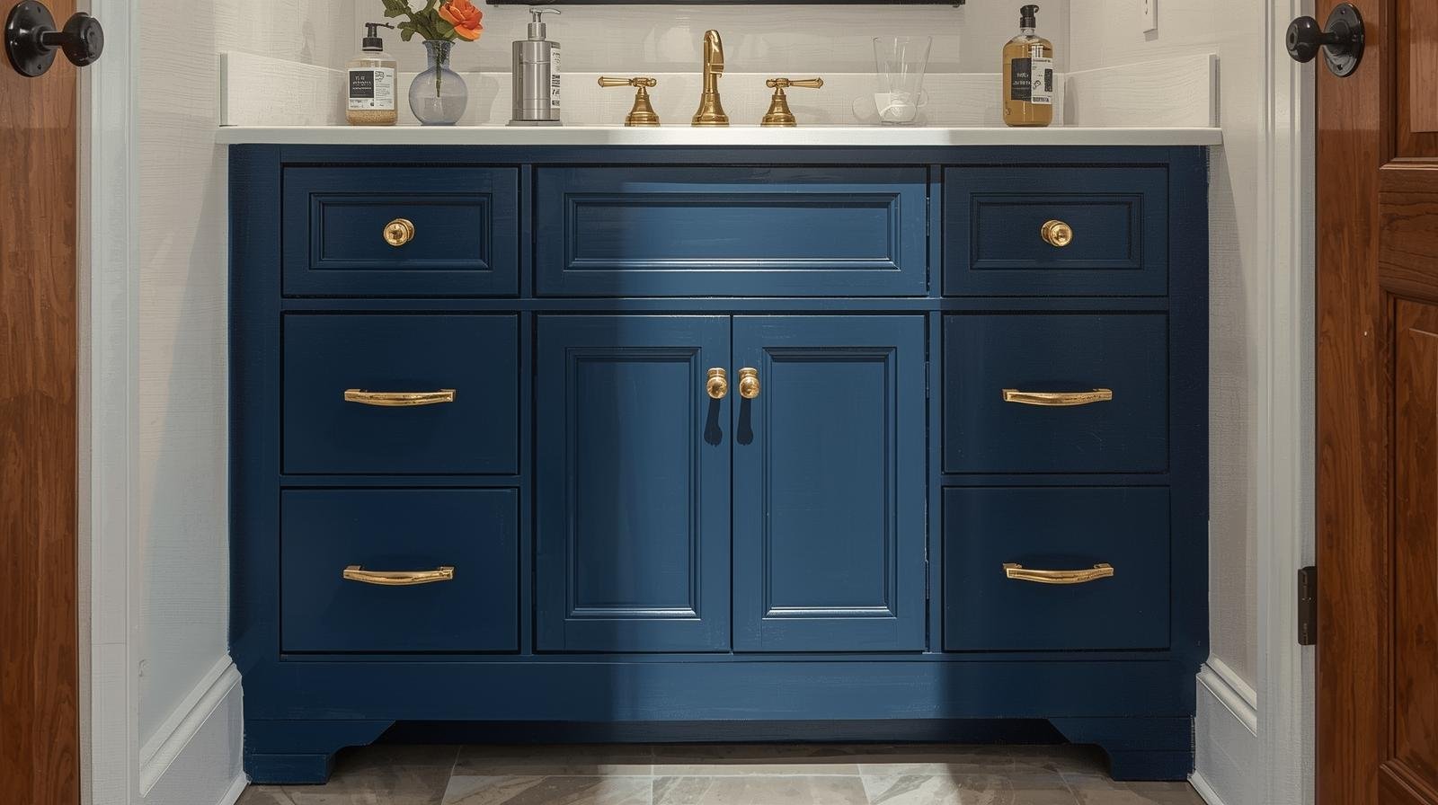 “Navy blue painted bathroom vanity with gold hardware — DIY bathroom vanity makeover on a budget.”
