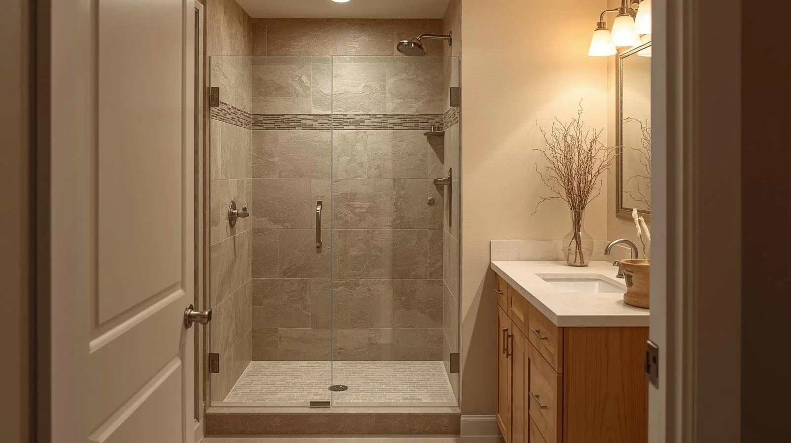 modern bathroom remodel ideas tile • stone tile bathroom trend 2025 • natural stone shower ideas • walk-in shower stone walls