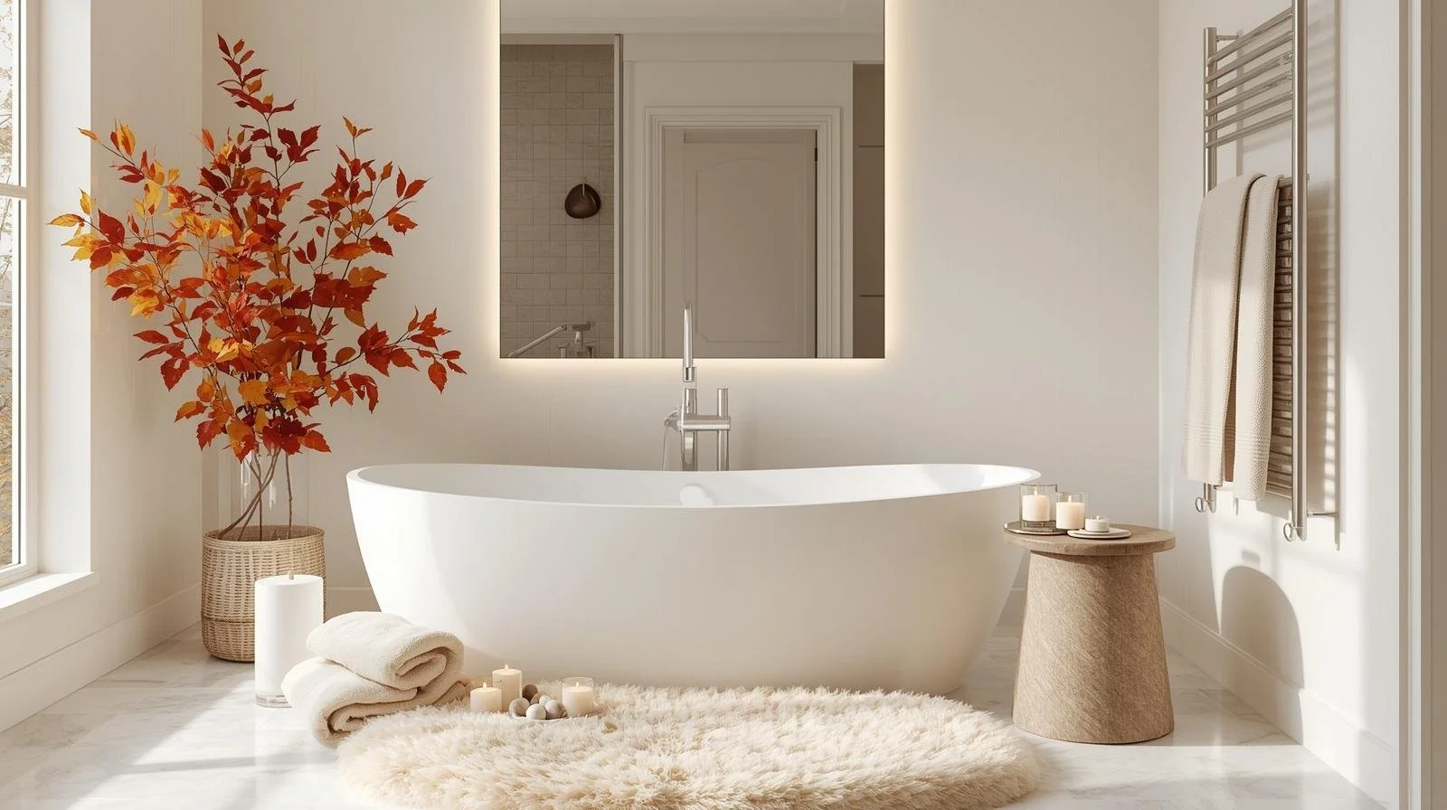 “Spa-inspired fall bathroom with candles, fluffy towels, and autumn leaf decor, highlighting cozy seasonal touches and renovation upgrades.”