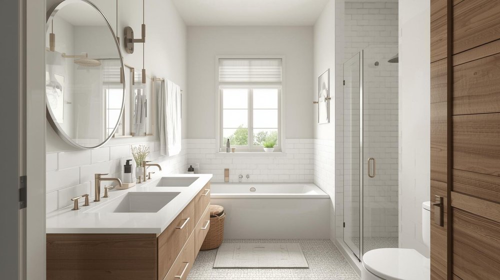 Brushed nickel or soft gold fixtures with light tile in a modern, attainable bathroom