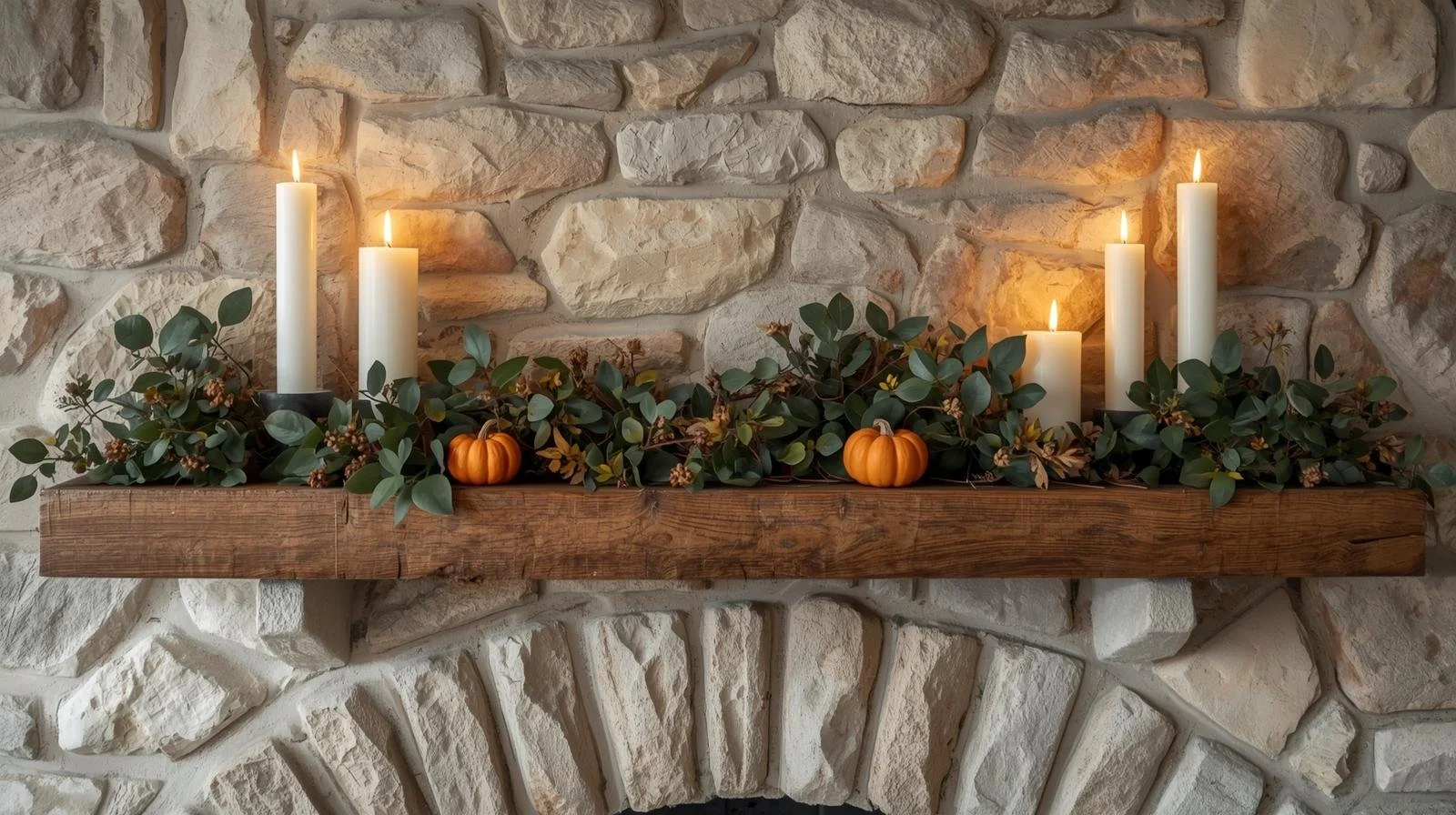 Light stone fireplace with oak mantel decorated with pumpkins and candles for fall.