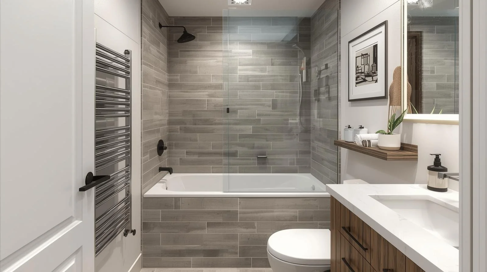 Compact bathroom with clear glass shower door over bathtub and modern toilet.