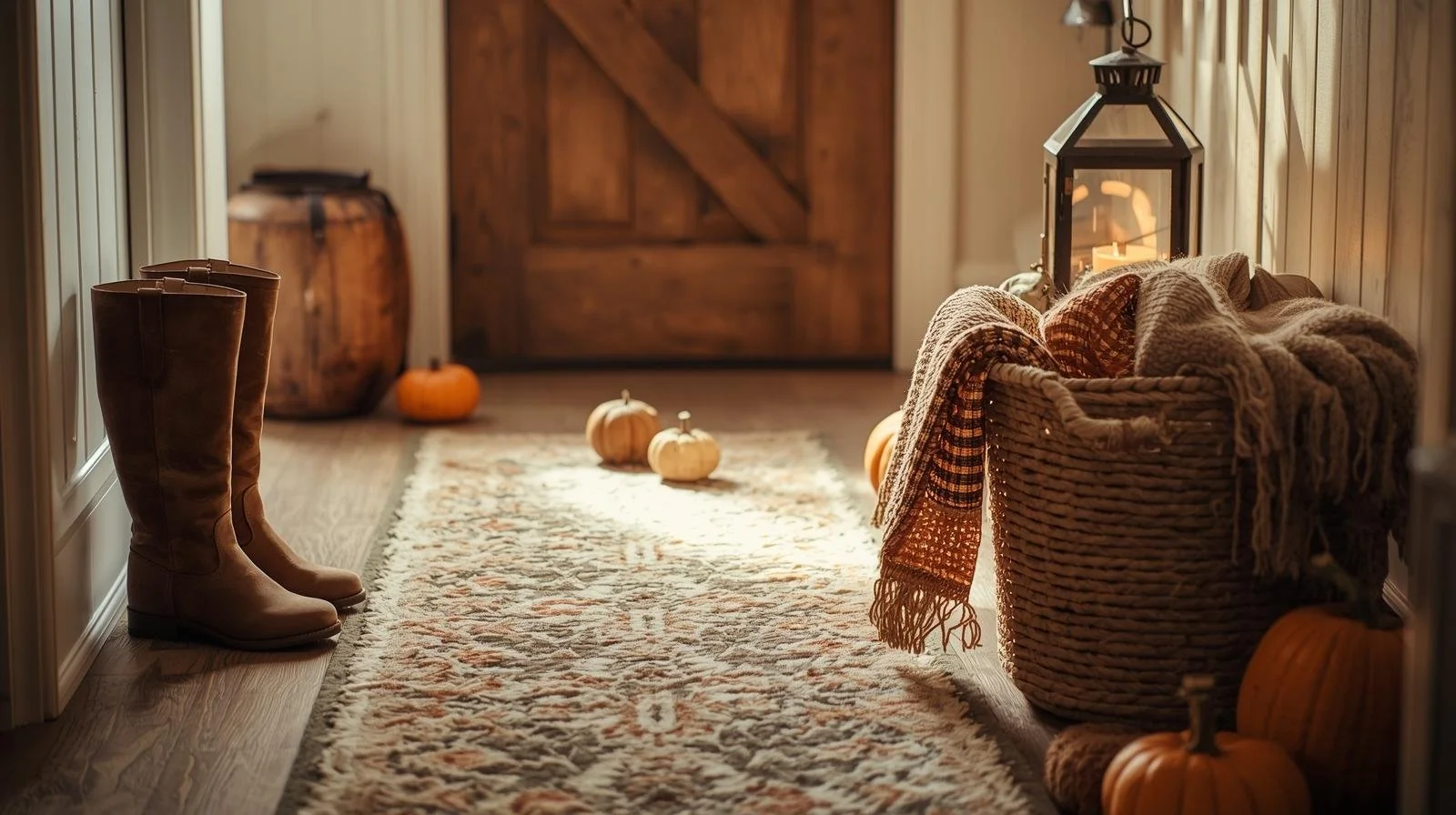 “Farmhouse hallway styled with a patterned runner rug, lantern, and pumpkins, showing cozy fall home decor and practical flooring ideas.”