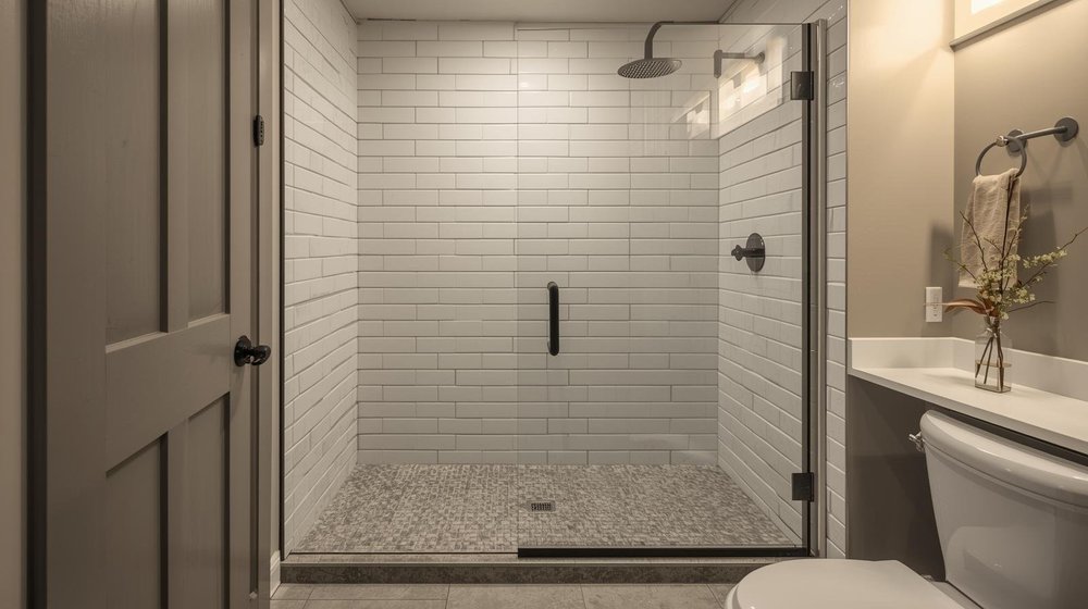 Concrete-look floor with simple white tile walls in a mid-size bathroom