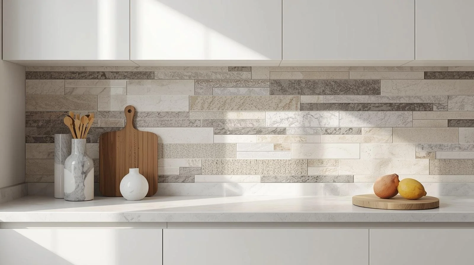 “Modern kitchen with stone tile backsplash featuring quartz, granite, and marble surfaces under bright natural light.”