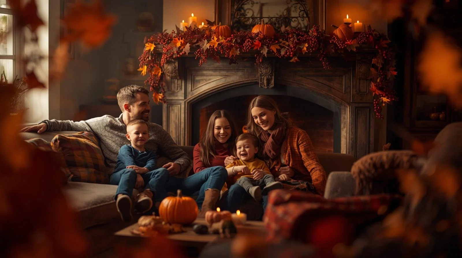 “Family gathered in a cozy fall living room decorated with pumpkins, garland, and candles, showing how fall decor and home renovation create comfort.”