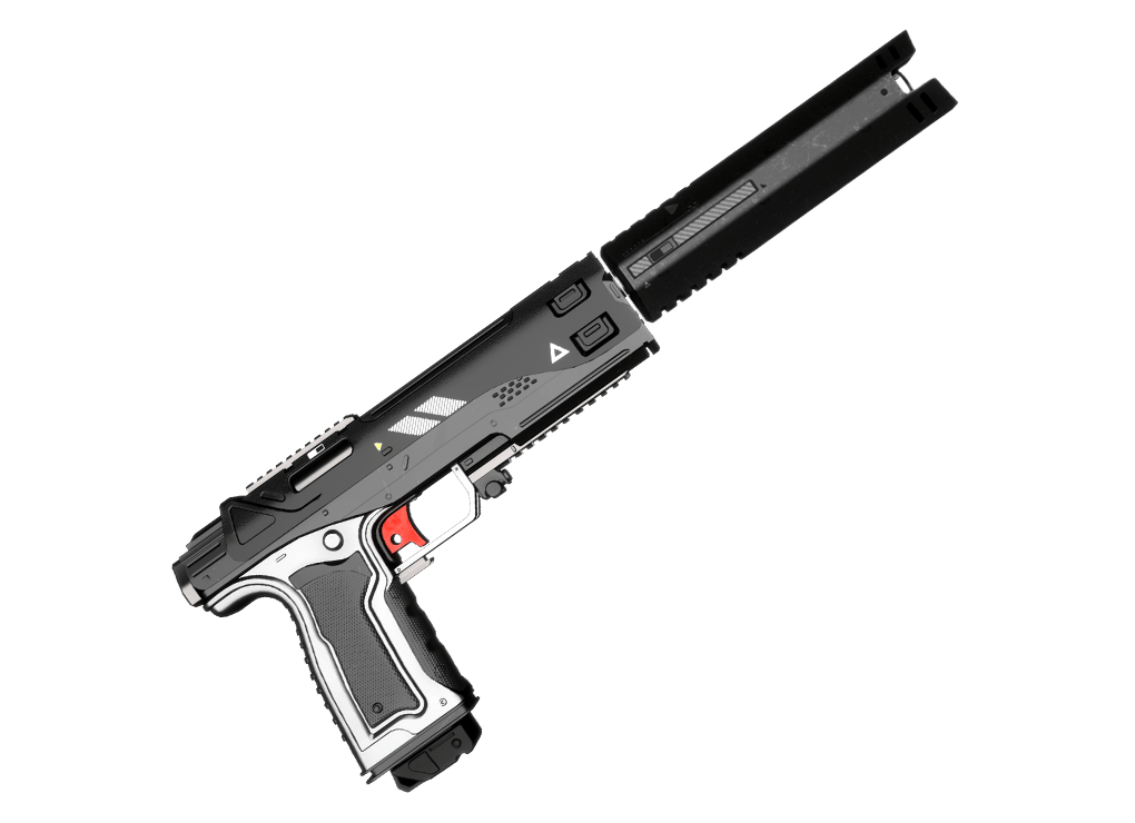 A black and silver semi-automatic pistol with a red trigger, viewed from the side.