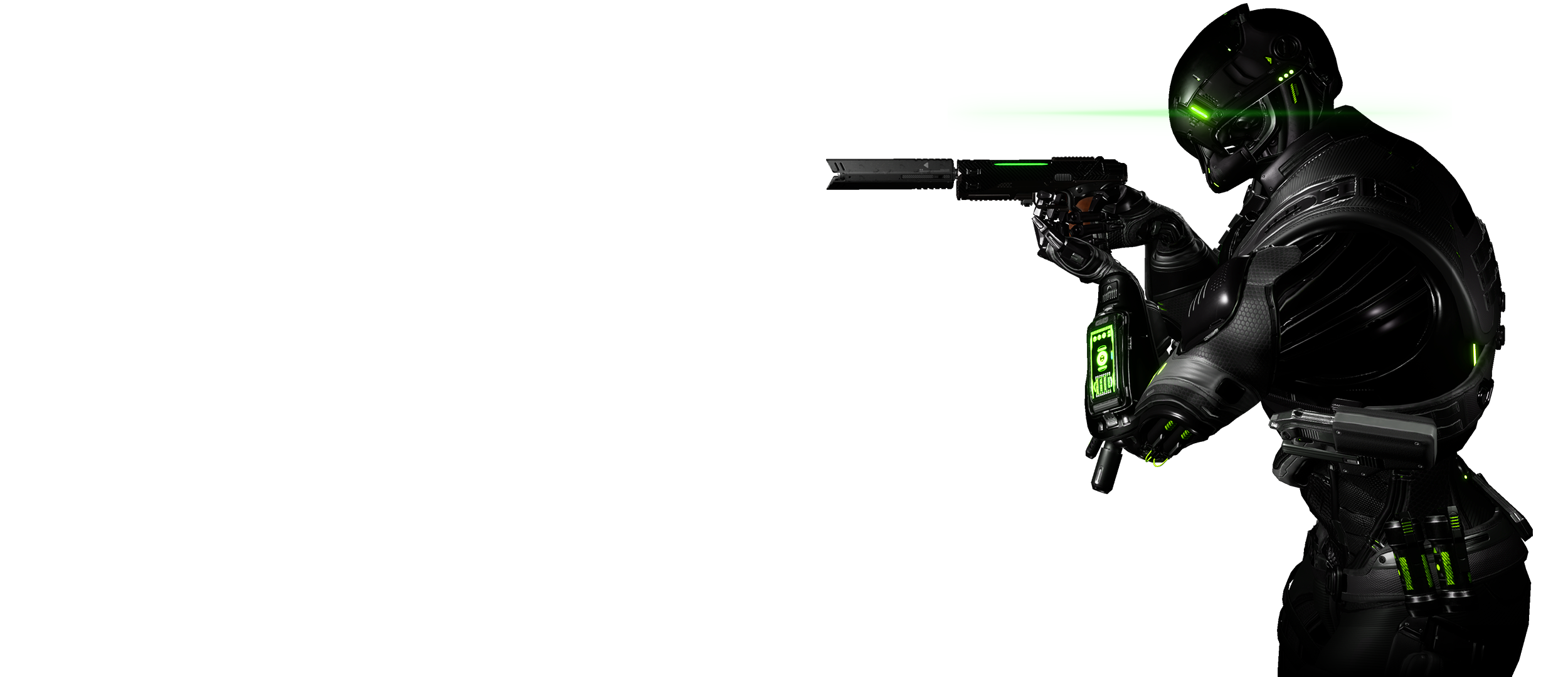 A cyborg assassin, Damond, in black armor with green lighting, wearing a helmet with glowing green eyes, holding a firearm, and aiming it forward.