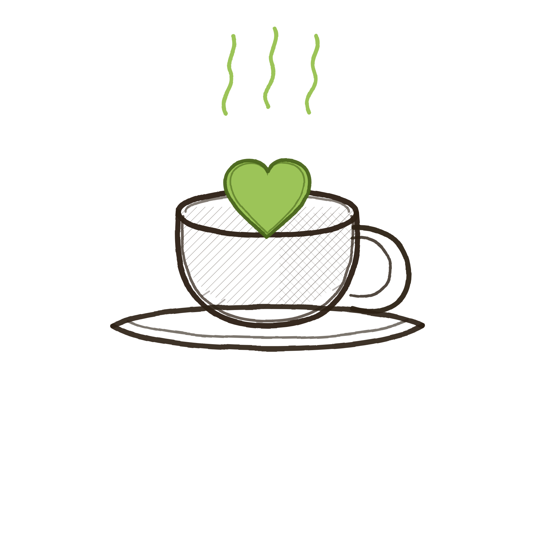 Une tasse en céramique contenant une boisson chaude, avec un cœur vert à la surface et de la vapeur qui s'élève, sur un fond noir.