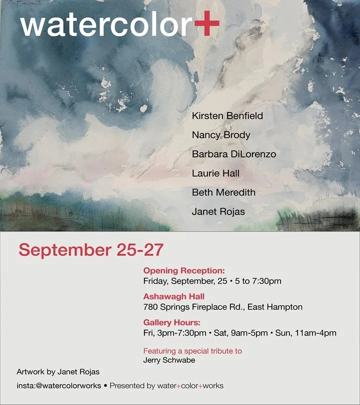 Flyer for watercolor art group, water+color+works, September 2026 show in Springs East Hampton. Features watercolor art by artist Janet Rojas.