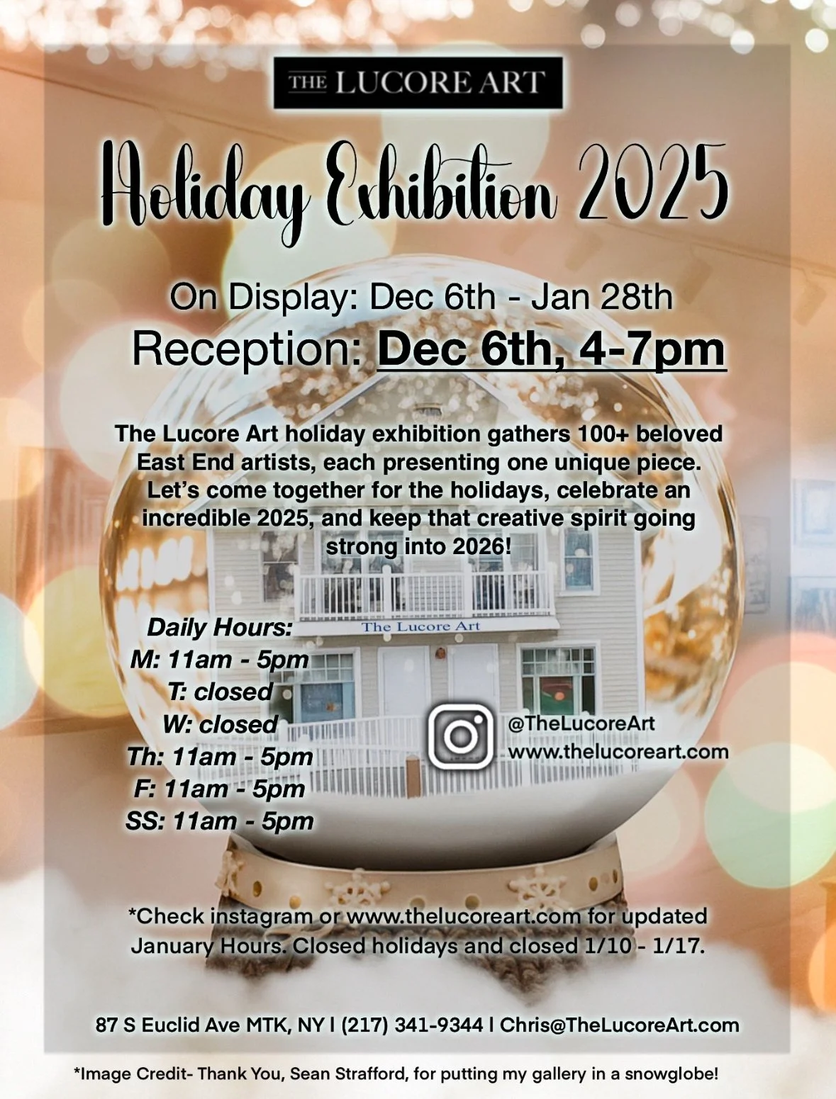 A promotional poster for The Lucore Art Holiday Exhibition 2025 displaying dates, times, and location details. The background features a Christmas-themed bokeh with a clear glass ornament showing a house reflected inside.