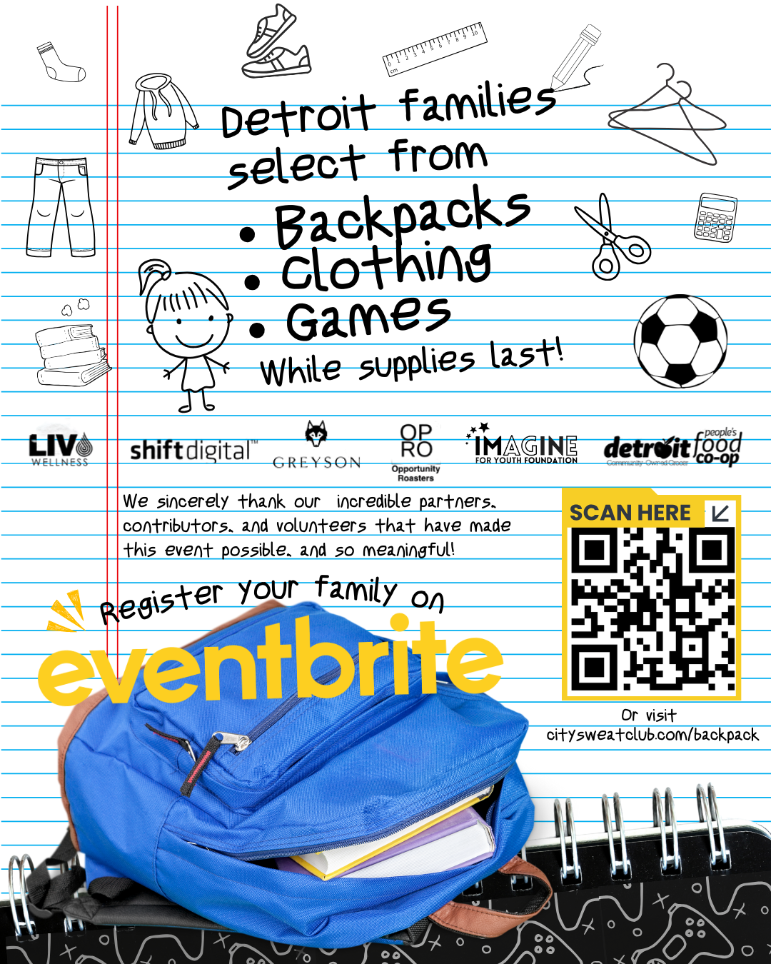 Flyer promoting a backpack giveaway event for Detroit families, including a blue backpack with books, a QR code for registration, and various illustrations of school items like shoes, clothes, scissors, calculator, and soccer ball.