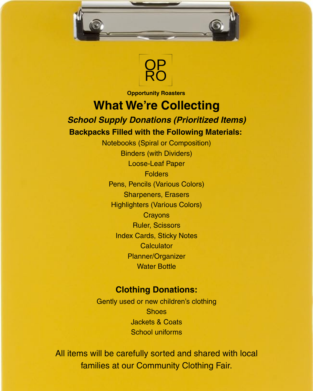 Yellow clipboard with a flyer listing school supply and clothing donations for a community clothing fair, including items like notebooks, binders, loose-leaf paper, folders, pens, pencils, sharpeners, erasers, highlighters, crayons, ruler, scissors, index cards, sticky notes, calculator, planner, water bottle, children's clothing, shoes, jackets, coats, and school uniforms.