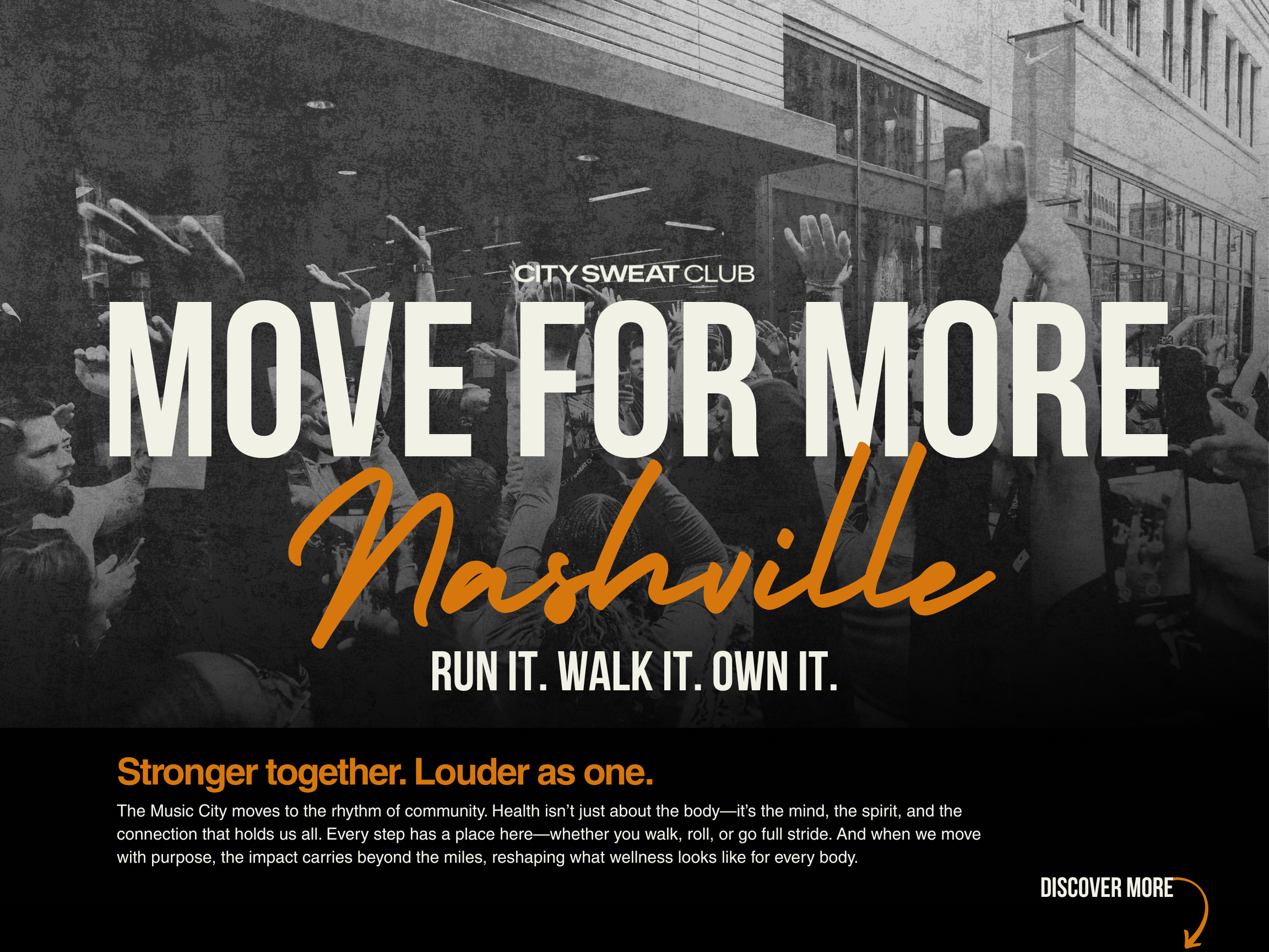 Black and white promotional image for a city wellness event showcasing a crowd of people raising their hands, with a focus on the text 'MOVE FOR MORE Nashville' and additional details promoting community movement activities.