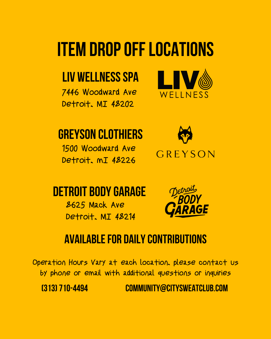 Sign listing drop-off locations for donations at Liv Wellness Spa, Greyson Clothiers, and Detroit Body Garage, with addresses, contact information, and notes about operation hours.
