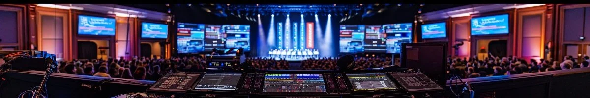 A panoramic view of an advanced live broadcast production console with multiple digital interfaces and touchscreens, overlooking a large professional audience and a brightly lit stage in Brantford, Ontario.