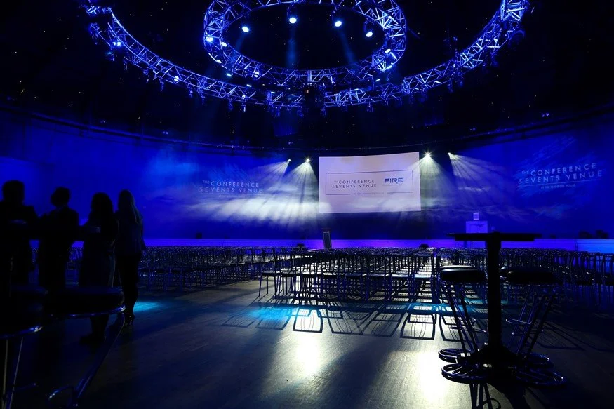 Professional corporate event production and lighting setup for a live streaming quote in Ontario.