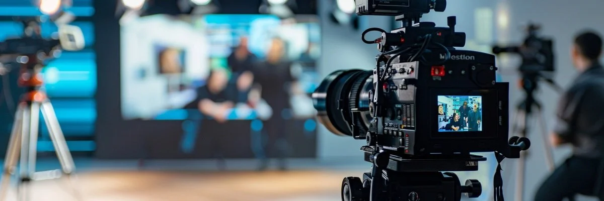 Modern corporate live streaming setup in 2026 featuring intentional broadcast production, professional lighting, engaged business audience, and a minimalist conference stage environment.