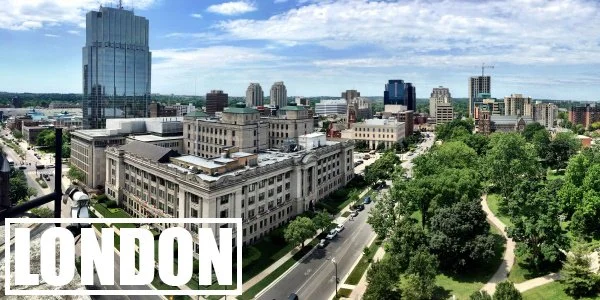 Downtown London, Ontario bathed in sunlight. A vibrant city and home to Streaming Inc., providing cutting-edge live streaming, video production, and AV solutions for corporate events.