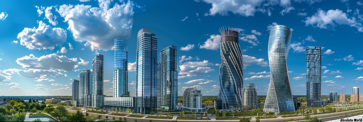 A panoramic 3:1 skyline view of downtown Mississauga, Ontario, featuring the Absolute World towers under a bright blue sky—representing Streaming Inc.’s premier corporate live streaming and hybrid event services in the GTA-West corridor.