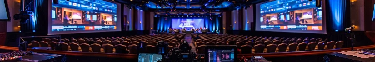 A wide panoramic view of a high-tech live stream control booth in Niagara Falls, Ontario, featuring triple monitors displaying video feeds and technical data, overlooking a large seated professional audience facing a vibrant stage.