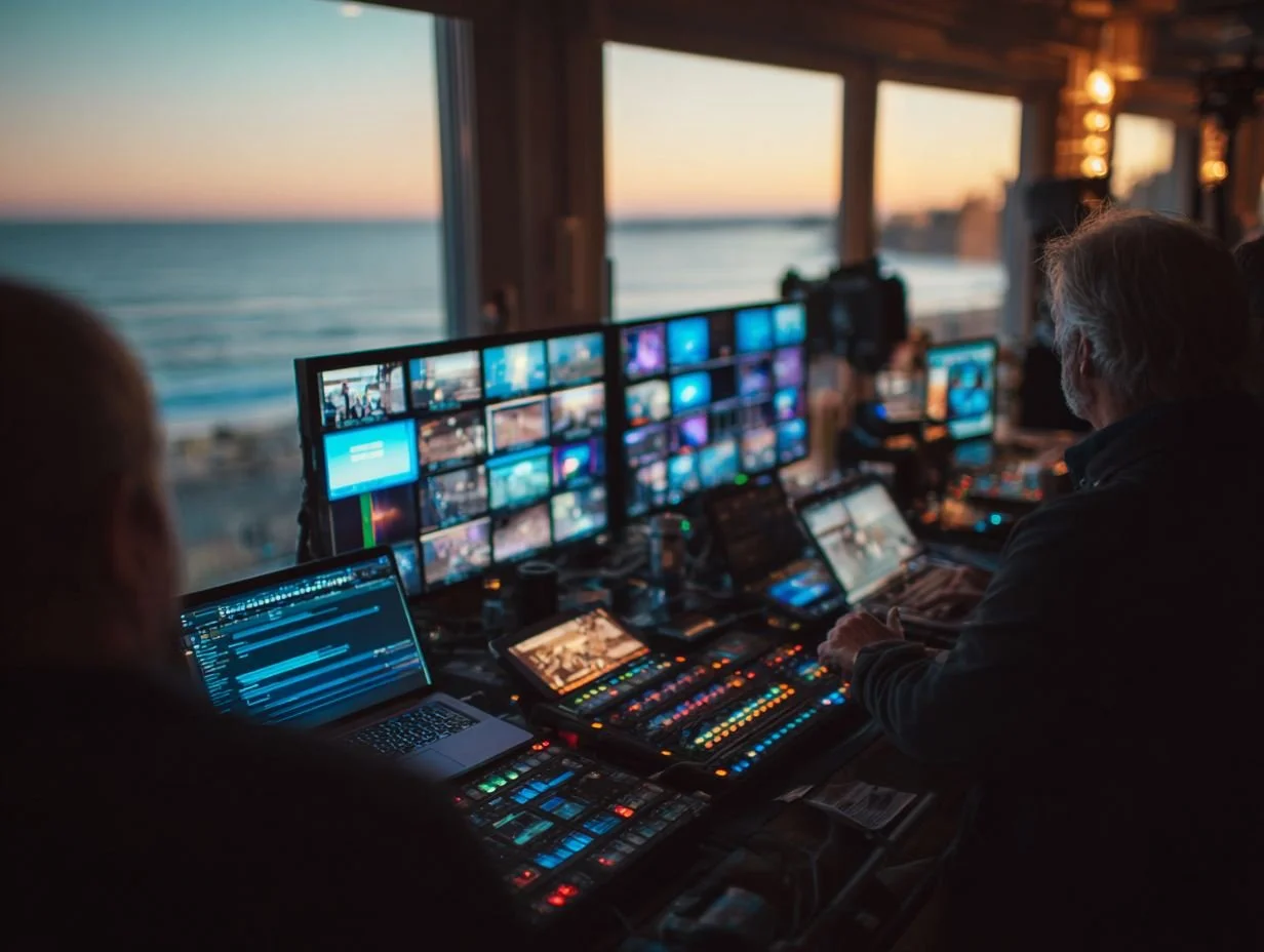 The Streaming Inc. team at a control station managing a hybrid broadcast for a corporate retreat in Grand Bend, with technical monitors displaying live video and audio feeds.