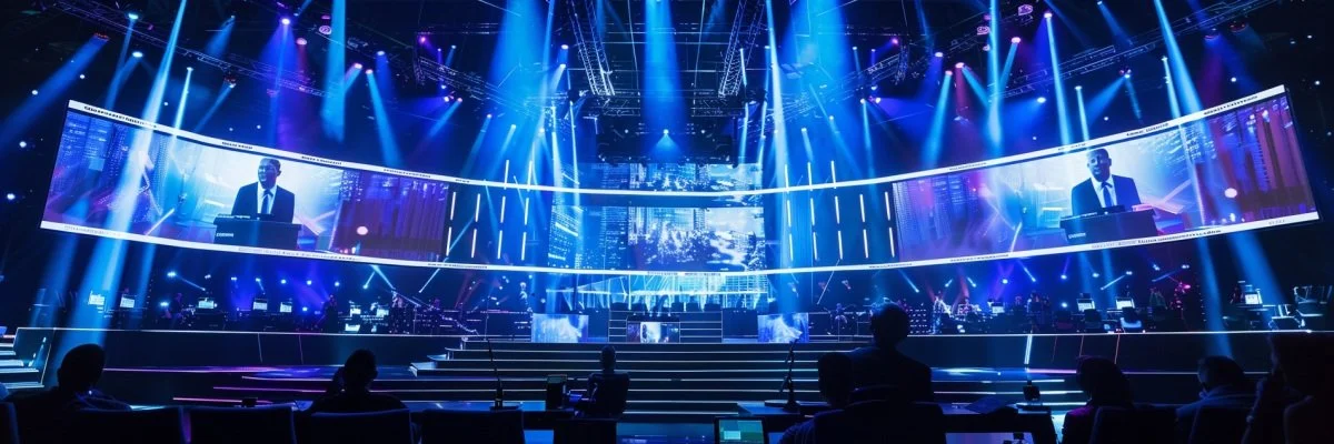 Large corporate stage with massive LED screens displaying virtual presenters during a hybrid live streaming event