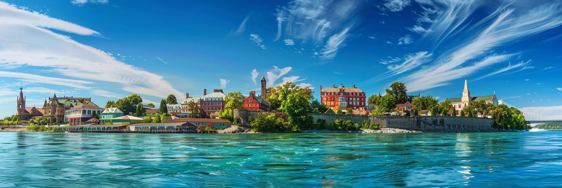 Panoramic view of the historic Niagara-on-the-Lake skyline and Niagara River waterfront, featuring heritage architecture and lush greenery under a bright blue sky.