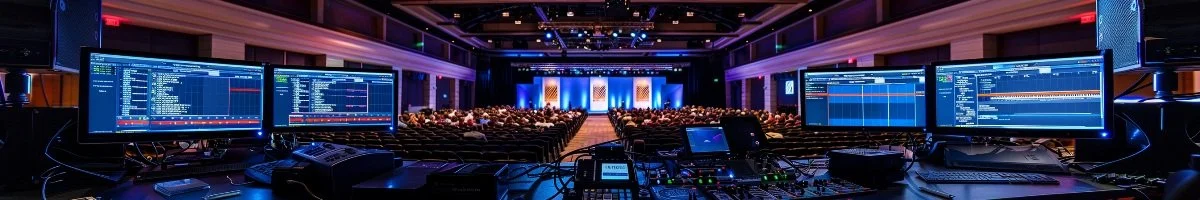 A panoramic view of a professional live streaming control station in Niagara-on-the-Lake, Ontario, featuring a technician at a multi-monitor desk overlooking a large corporate audience in a spacious, dimly lit event hall.