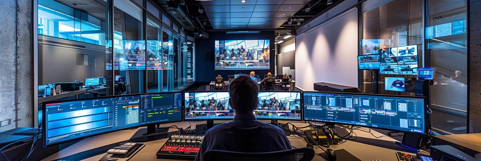 A wide panoramic photo of a professional Streaming Inc. broadcast production setup in a modern tech-hub boardroom in Waterloo, featuring multi-camera switching and hybrid event technology.