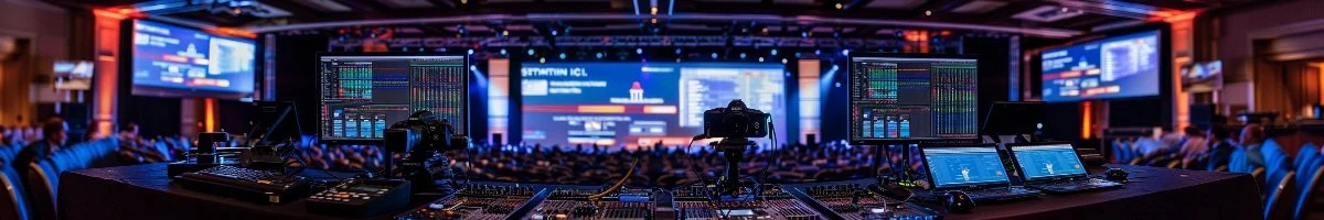 A panoramic shot of a professional live event broadcasting station in Burlington, Ontario, featuring triple monitors displaying technical production data and video feeds, situated at the rear of a large auditorium during a professional conference.