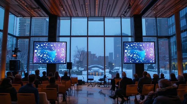 Professional corporate live streaming event with multi-camera broadcast, dual presentation screens, and warm winter lighting in a modern indoor venue