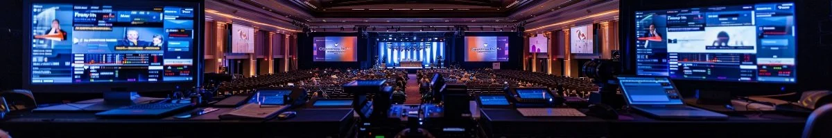A panoramic view from a broadcast control station with large display monitors and hardware encoders, looking out over a massive, formal event hall with theater-style seating and a professionally lit stage in Goderich, Ontario.