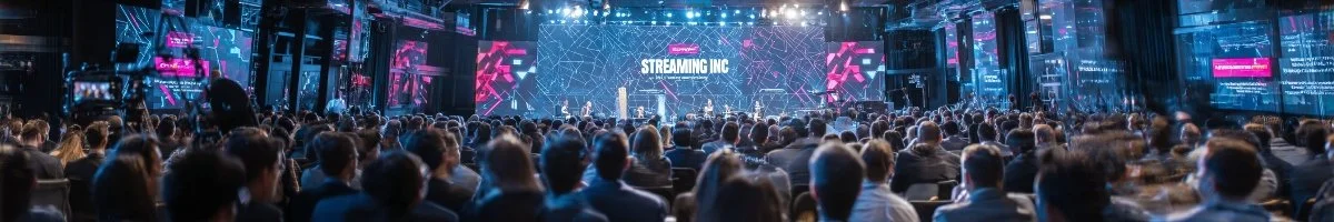 A wide-angle view of a large corporate conference in London, Ontario, featuring a professional multi-camera broadcast setup by Streaming Inc. for an engaged audience.