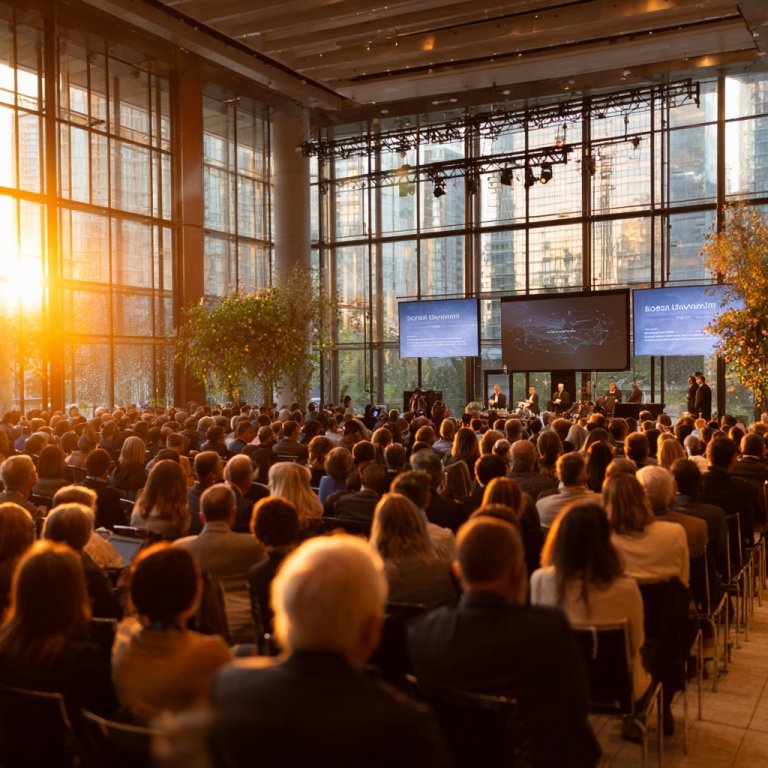 A packed audience at a high-energy hybrid corporate event in a modern venue with floor-to-ceiling windows showing a bright spring sunset and blooming trees.