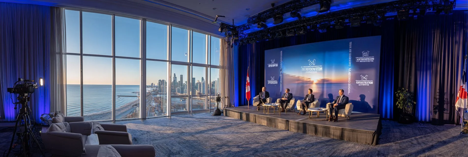 A wide cinematic view of a Streaming Inc. broadcast production setup, featuring professional lighting and cameras for a corporate hybrid event in the Border Cities and Coast region of Southern Ontario.