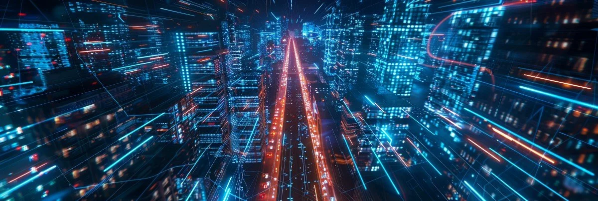 An ultra-wide 3:1 cinematic aerial view of a futuristic London, Ontario at night, featuring glowing blue and magenta data streams and light trails that represent high-speed fiber-optic connectivity and advanced municipal infrastructure.