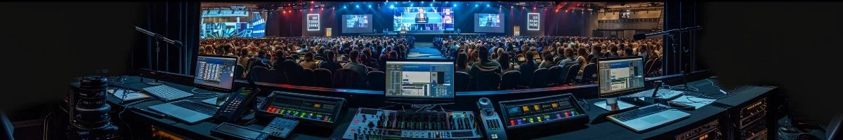 A panoramic view from a professional broadcast production desk featuring hardware encoders and laptops, overlooking a large seated audience at a corporate event in Stratford, Ontario.