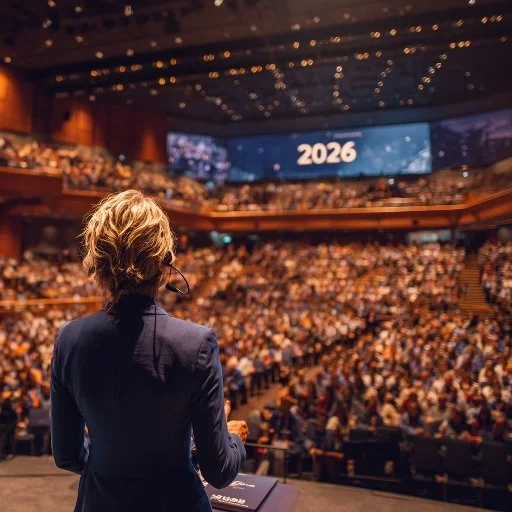 View from the stage of a keynote speaker addressing a packed auditorium during a professional conference.