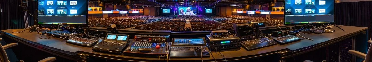 Behind-the-scenes panoramic view of a professional live event production booth overlooking a large-scale arena event.