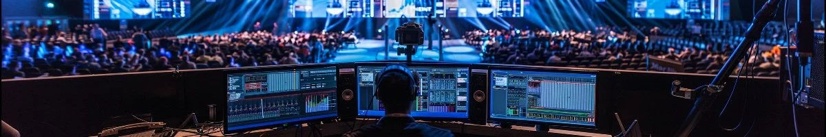 A rear-view perspective of a technician in a broadcast control booth, monitoring multiple screens with video and audio waveforms during a large-scale live event production in Woodstock, Ontario. The bustling venue is visible over the booth barrier.