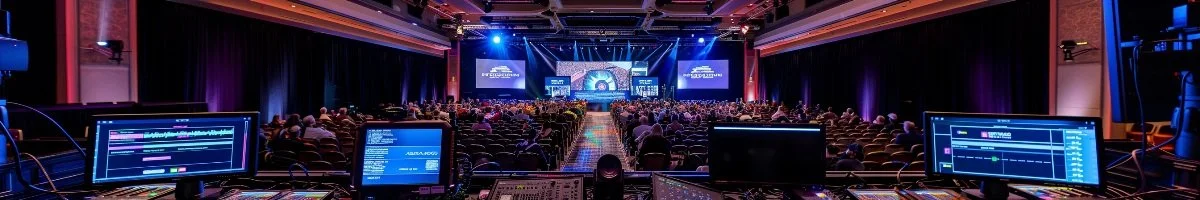 An ultra-panoramic view of a professional live streaming production control center overlooking a massive corporate convention, featuring multi-screen monitoring, cinematic stage lighting, and a full-capacity audience.