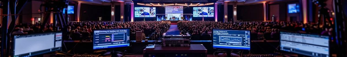 A panoramic view of a high-end live event production station in Kitchener, Ontario, featuring multiple monitors and technical gear overlooking a large corporate audience in a brightly lit ballroom with multiple projection screens.