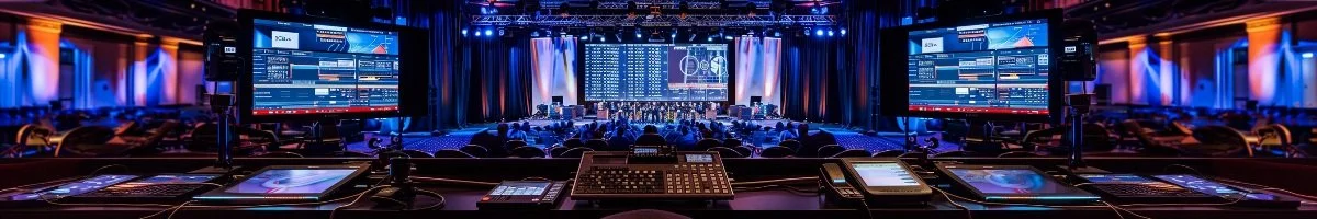 A panoramic view from a professional webcast production desk in Milton, Ontario, featuring dual monitors displaying technical video data, situated behind a large seated audience in a professional conference venue.