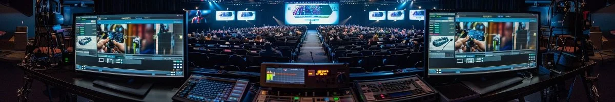 A panoramic shot of a sophisticated live stream production setup with large monitors displaying camera feeds, situated at the back of a large auditorium during a professional conference in Sarnia, Ontario.