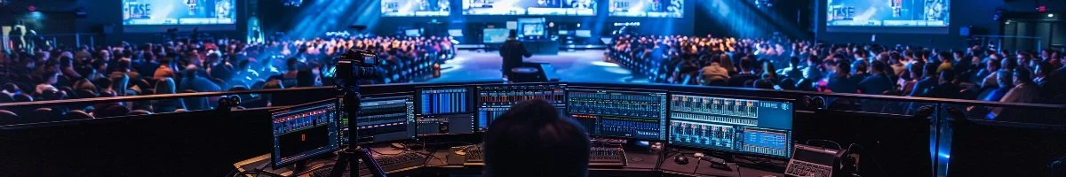 A high-tech live stream control booth overlooking a crowded auditorium during a professional event in London, Ontario, featuring multiple monitors and broadcast equipment.